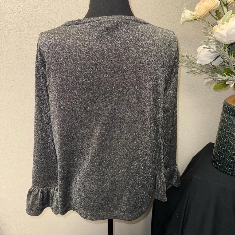J.Crew Metallic Knit Top XL Silver Shimmer Long Sleeve Holiday Party Blouse